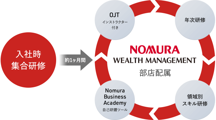 入社時集合研修→約1ヶ月間→NOMURA WEALTH MANAGEMENT 部店配属（OJTインストラクター付き→年次研修→領域別スキル研修→Nomura Business Academy 自己研鑽ツール）
